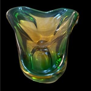 Vintage Murano Art Glass Bowl Triangular Shape Green To Amber Polished Base 7"
